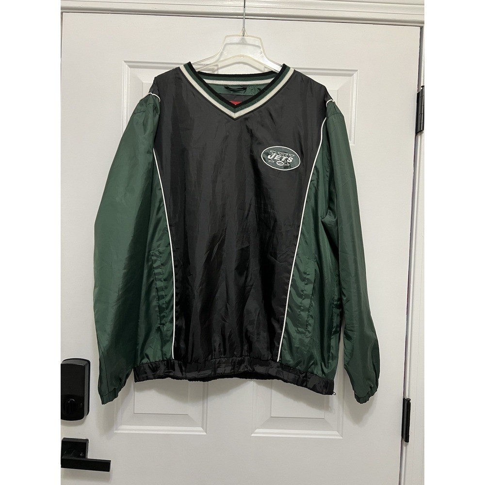 Vintage New York Jets NFL V Neck‎ Windbreaker Green Mens XL Jacket Side Zip